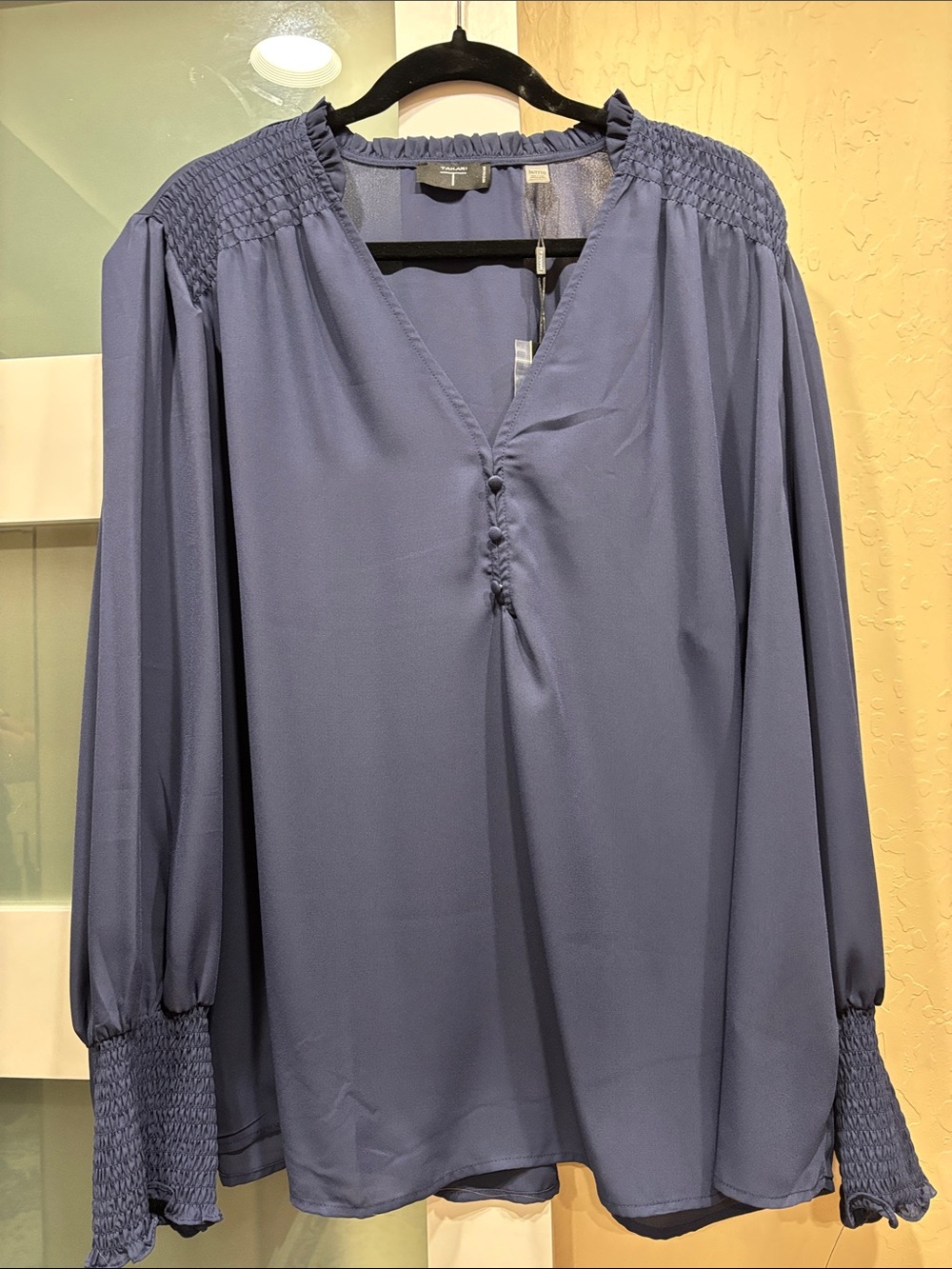 Tahari Dusty Blue Smocked Yoke Long-Sleeve Blouse - Picture 3 of 3